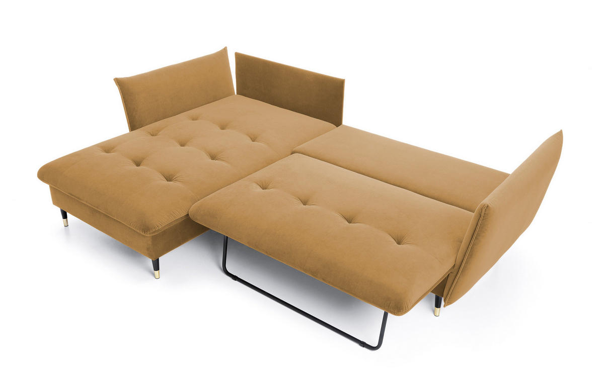 ECKSOFA GLAM mit Schlaffunktion, Ottomane & goldenen Füßen – Samtsofa im Glamour-Stil mit Zierkissen, 258x167x91cm, Linke, PLATINUM - Platinfarben, Holz/Textil (167/258cm) - DomoHome