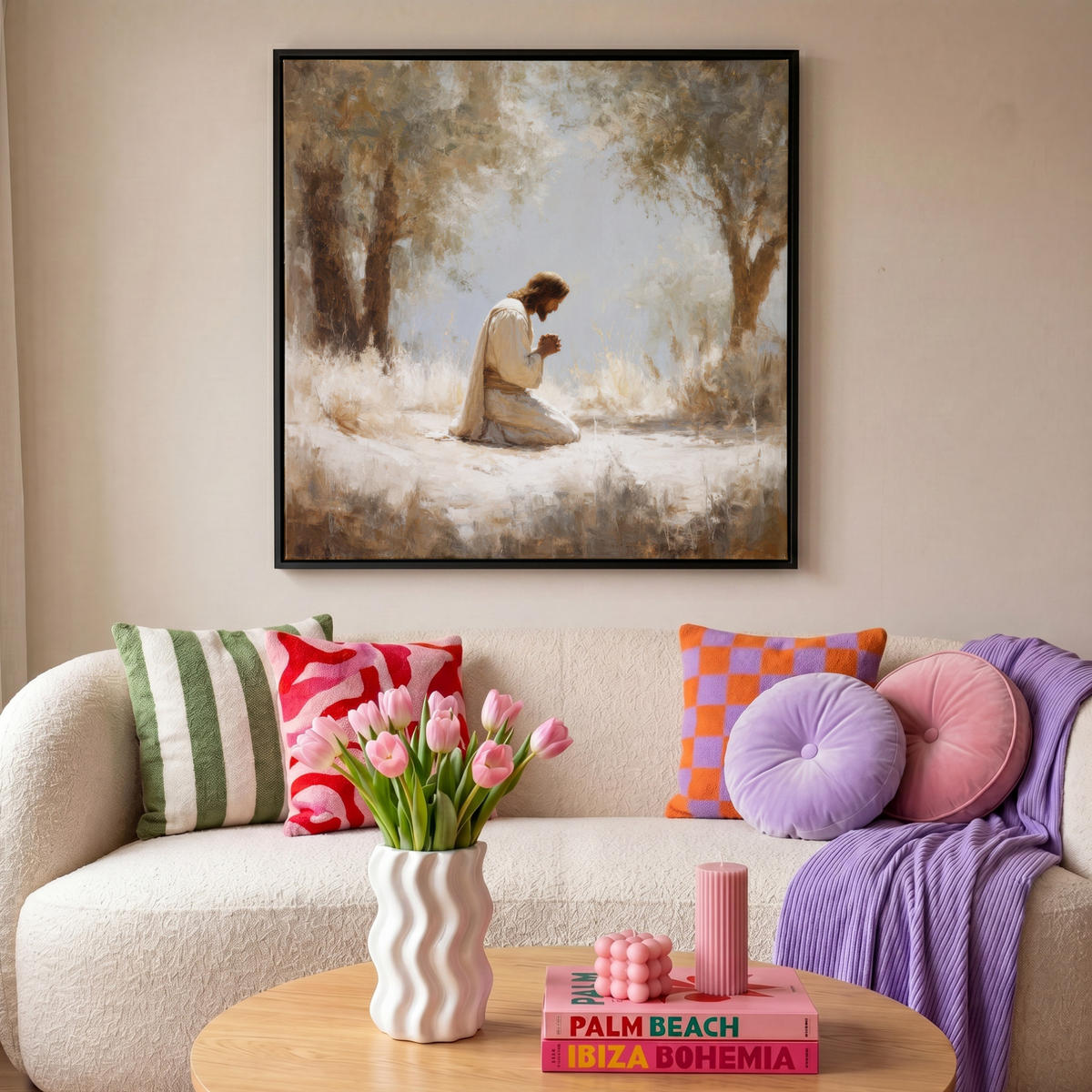 LEINWAND Bilder mit Rahmen - Jesus - Kniend - Waldlandschaft - Betend - 90x90 - Beige, Textil (90/90cm) - MuchoWow