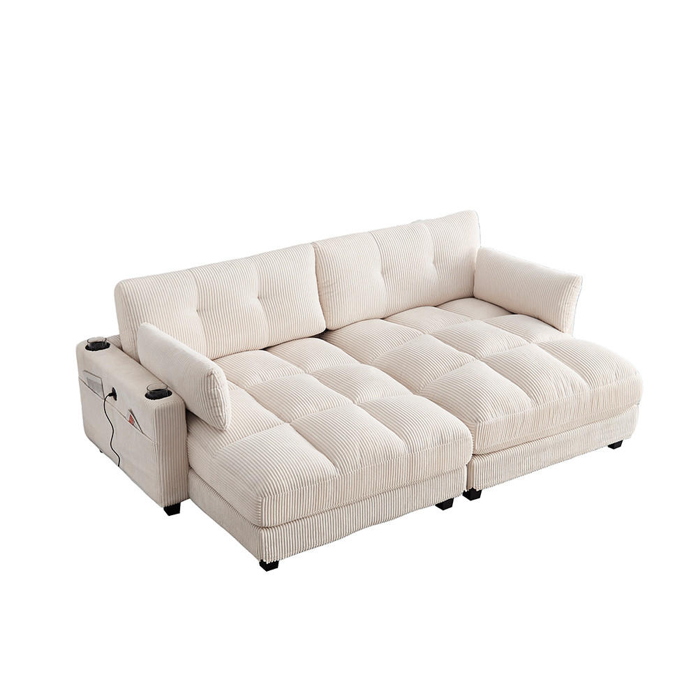 SCHLAFSOFA 2-Sitzer Corduroy Beige modular teilbar mit 2 Kissen, 4 Getränkehaltern, 4 Seitentaschen und USB-Ladeanschlüssen - Beige, Textil (140/81/224cm) - Luhomfu