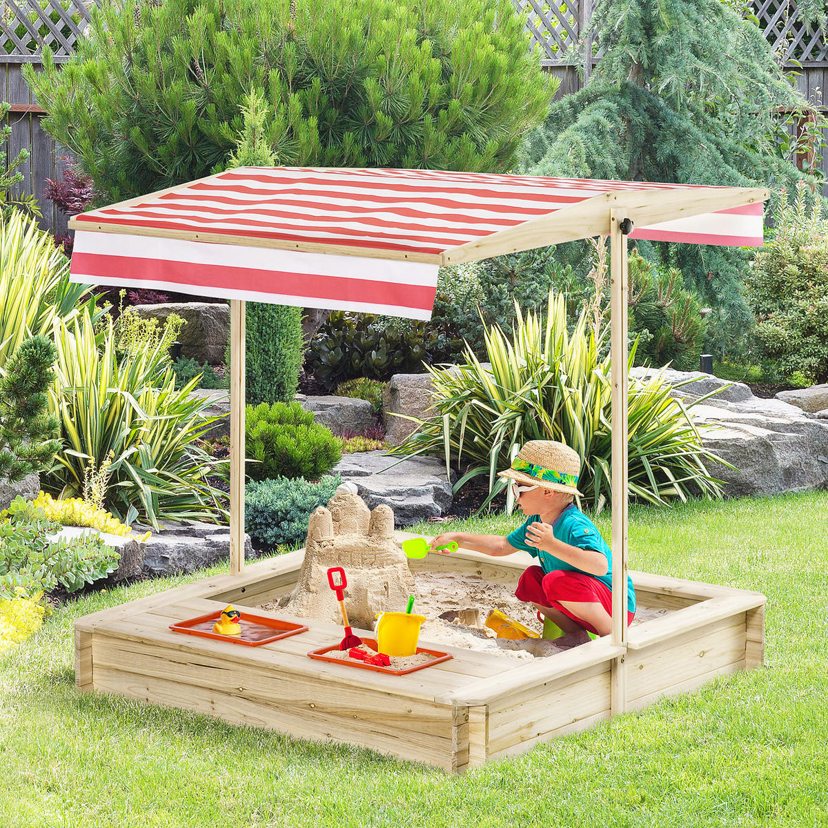 SANDKASTEN DE-18745 quadratisch mit verstellbarem Dach & 2 Wannen Holz - Naturfarben, Holzwerkstoff (118/118/118cm) - ComfortXL
