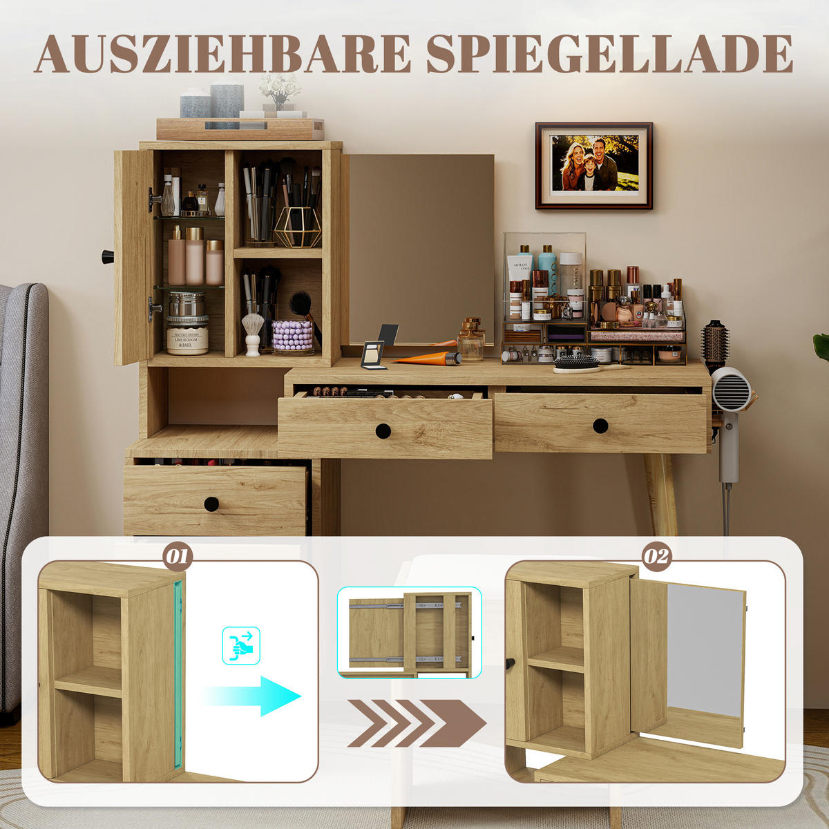 SCHMINKTISCH Set mit Spiegel und Hocker, Frisiertisch ausziehbar, Kosmetiktisch skandinavisch, 84x40x120 cm - Eichefarben/Beige, Glas/Holzwerkstoff (84/120/40cm) - LVHOM