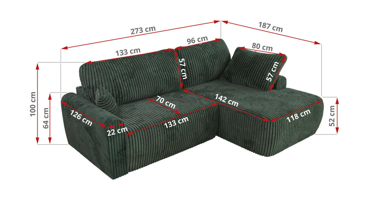 ECKSCHLAFSOFA CUBO L Grün Cord - rechts - Schwarz/Grün, Kunststoff/Textil (187/273cm) - MKS