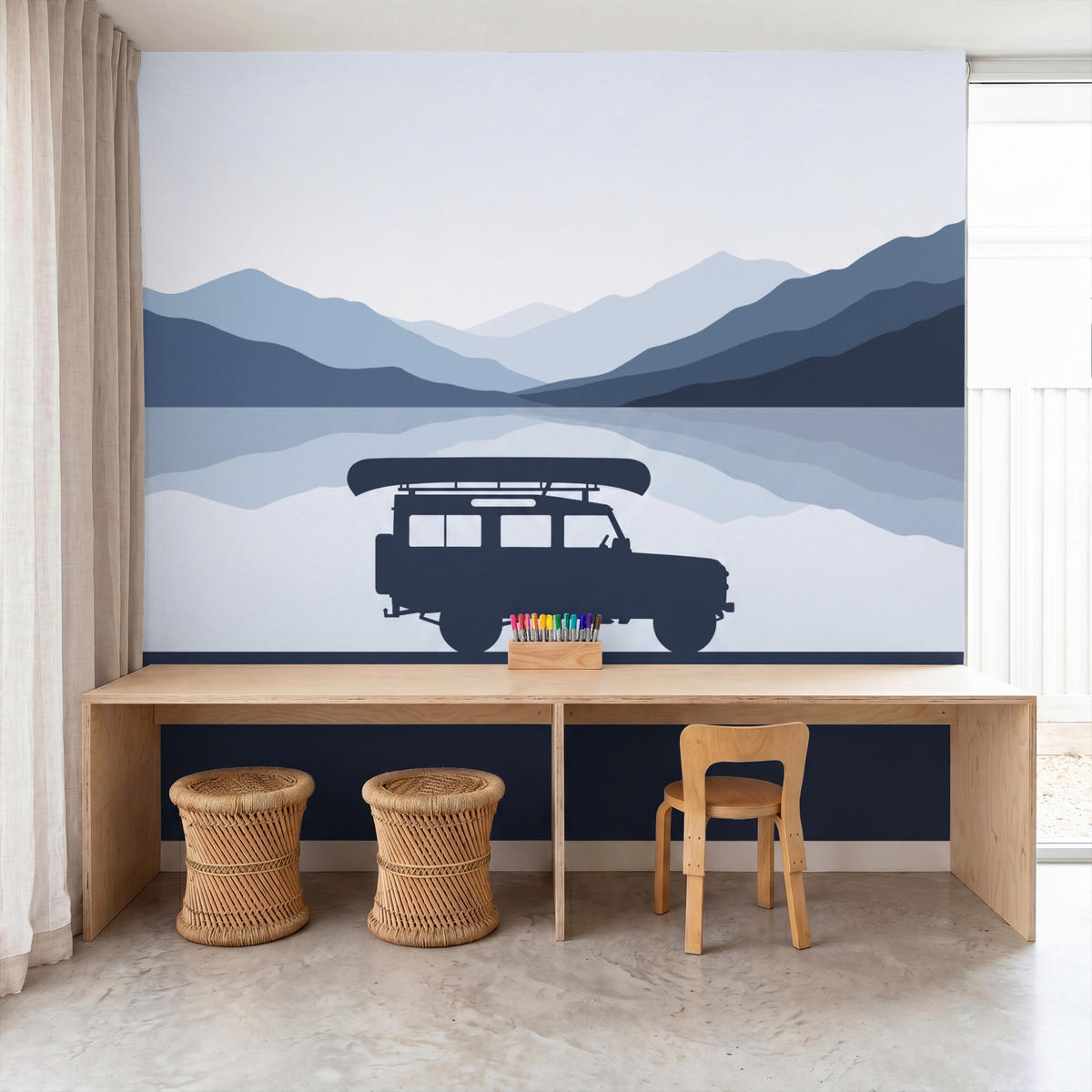KINDERTAPETE - Auto - See - Berge - Blau - 220x240 cm - Blaugrau, Papier (220/240cm) - OnlyWow