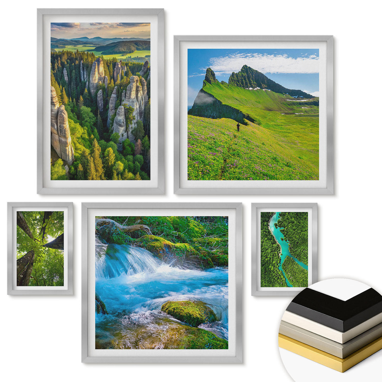WANDBILDER 5er Set - 50x50 cm & 20x30 cm & 40x60 cm Silberner Rahmen - Wasserfälle grüner Wald Wasser - Silberfarben, Kunststoff (40/60cm) - ArtPrintCave