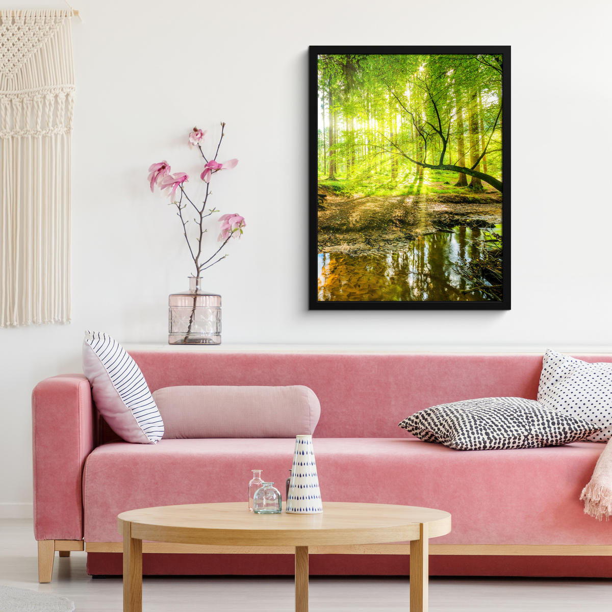 GERAHMTES BILD Wald - Landschaft - Wasser - Bäume - Sonne - Grün - Natur 60x80 cm - Grün, Papier (60/80cm) - MuchoWow