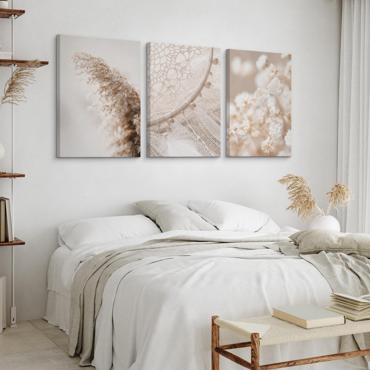 LEINWANDBILDER 3-er Set Pflanzen 3D Boho - Beige/Braun, Textil (90/40cm) - Muralo