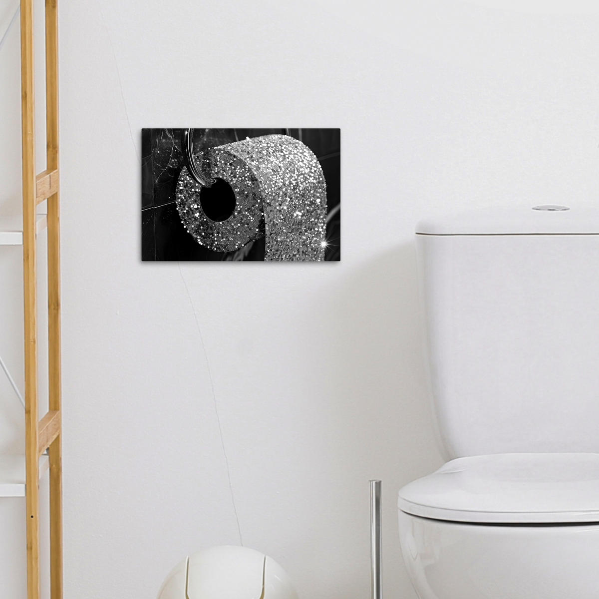 LEINWANDBILD WC - Toilettenpapier - Schwarz und weiß - Glitter 30x20 cm - Silberfarben, Textil (30/20cm) - MuchoWow
