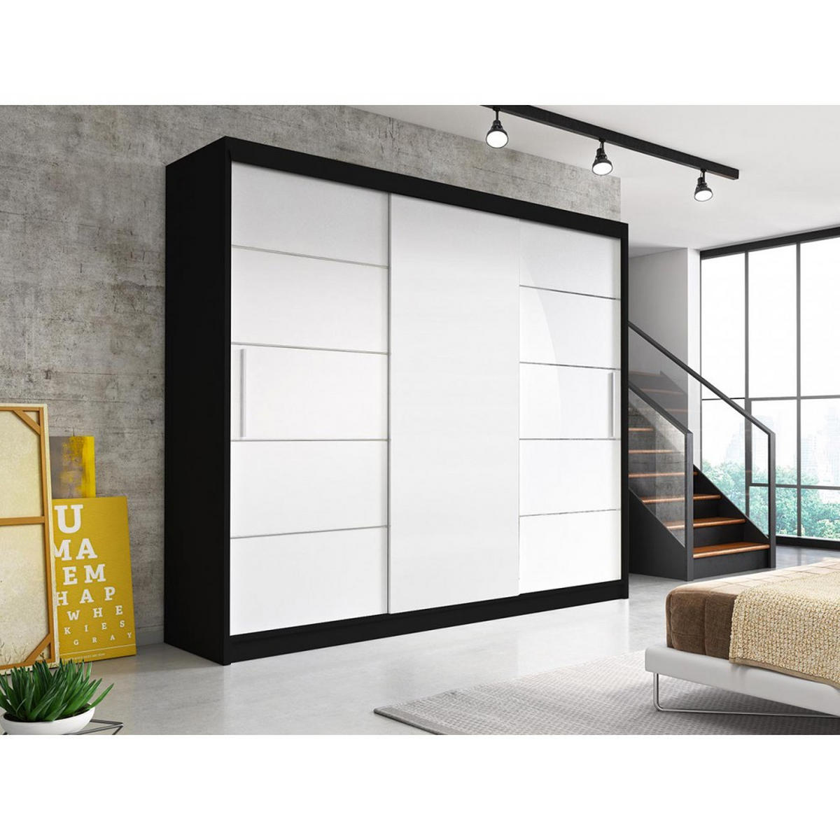 SCHWEBETÜRENSCHRANK Alba Schwarz/Weiß ohne Spiegel, mit LED-Beleuchtung 250 cm - Alufarben/Schwarz, Glas/Holzwerkstoff (250/218/61cm) - imoebel24
