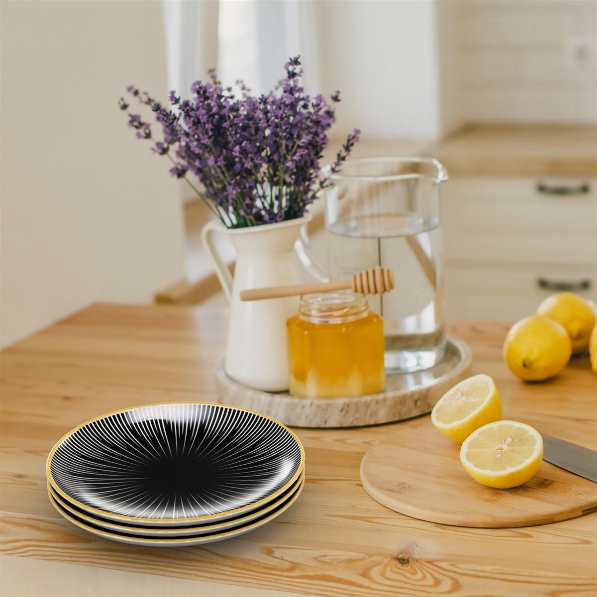 TELLER Porzellan Muster Gestreift (4-tlg.) - Schwarz, Keramik (20.5/2/20.5cm) - Intirilife