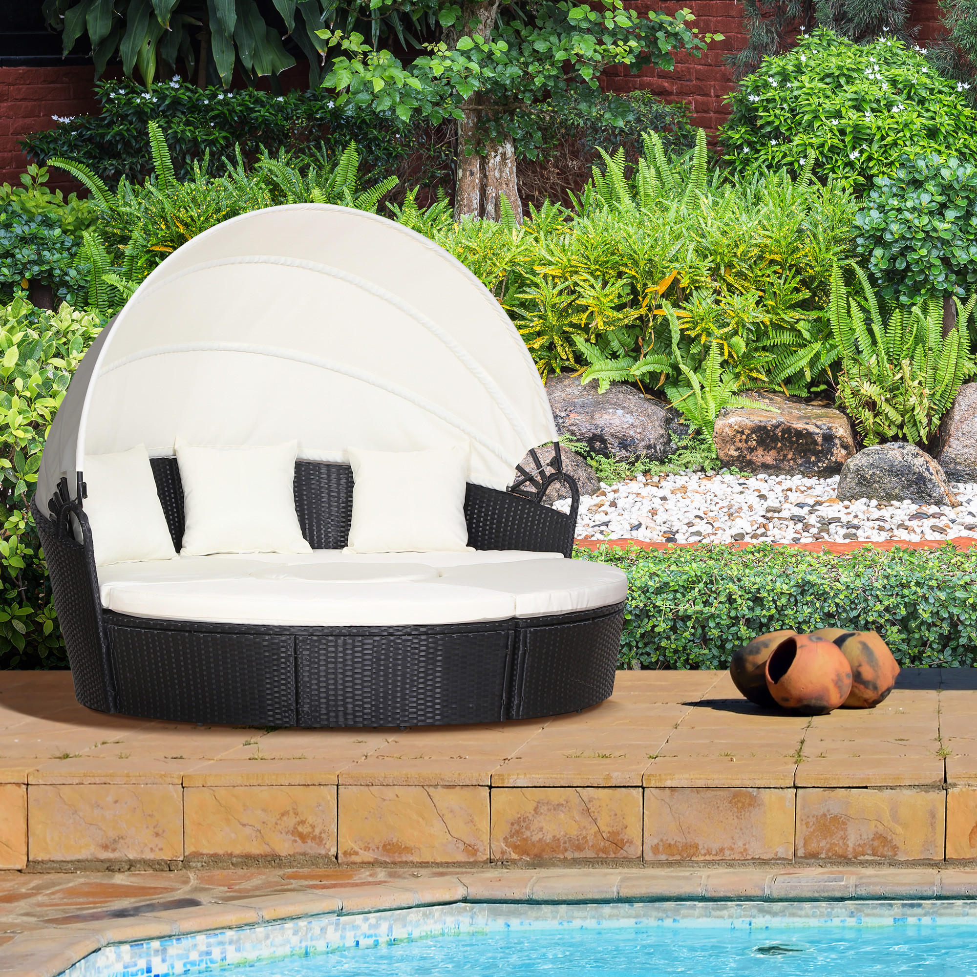 SONNENINSEL, Loungegruppe mit Sonnendach, Metall, Creme - Schwarz, Kunststoff - Outsunny