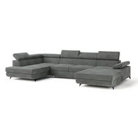 WOHNLANDSCHAFT RUBANO L-S Grau Velours-Stoff mit Schlaffunktion - Grau, Holz (339/89/190cm) - MASSENO