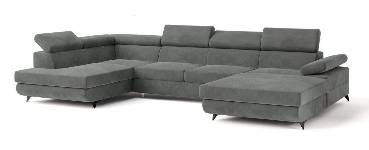 WOHNLANDSCHAFT RUBANO L-S Grau Velours-Stoff mit Schlaffunktion - Grau, Holz (339/89/190cm) - MASSENO