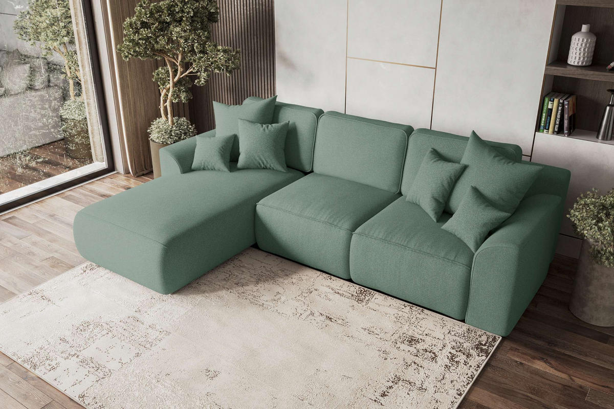 ECKSOFA GUSTO Strukturstoff Salbeigrün Links inkl. Schlaffunktion - Chromfarben/Salbeigrün, Kunststoff/Textil (194/295cm) - 99rooms