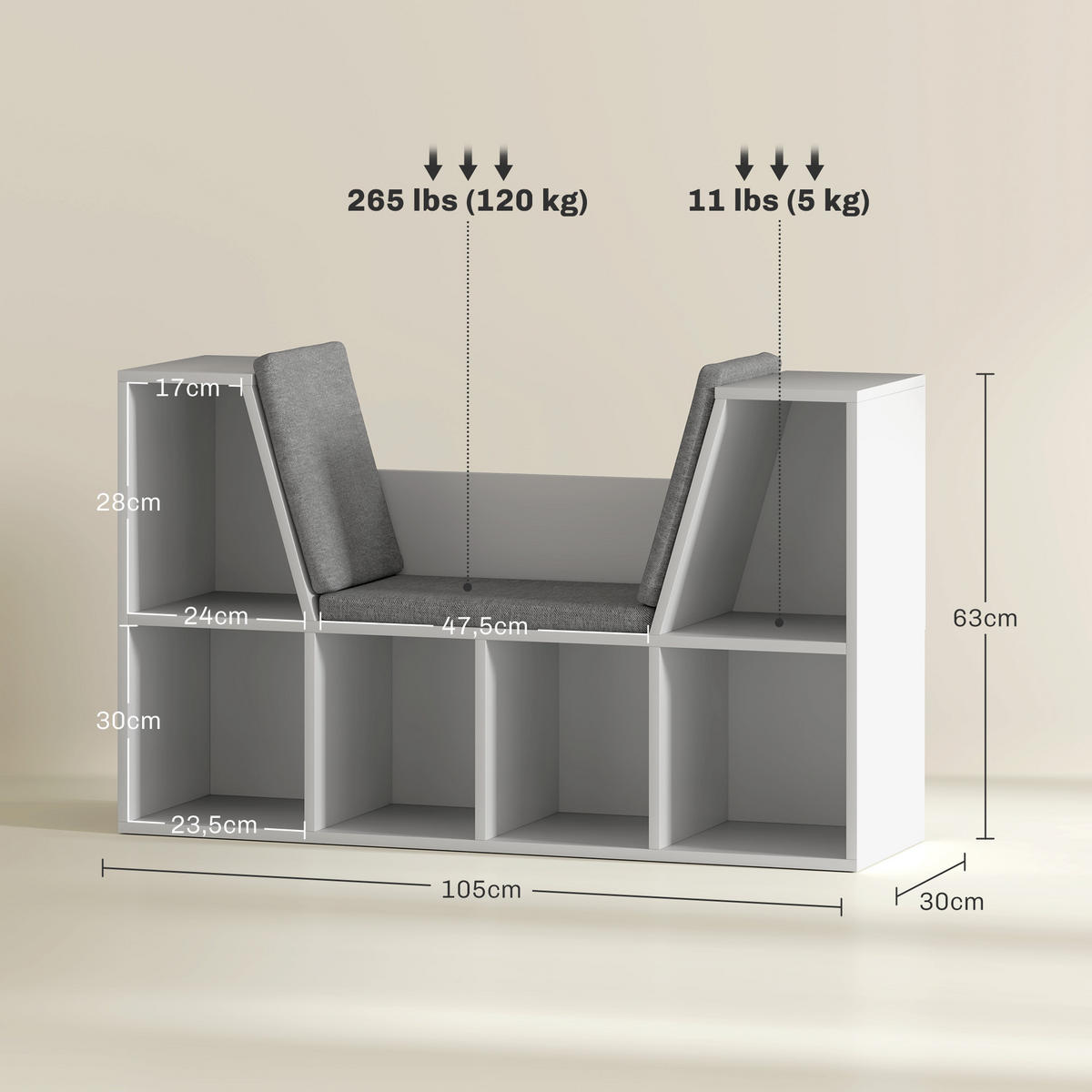 BÜCHERREGAL mit Sitzkissen, Aufbewahrungsregal mit 6 Fächern, Leinenoptik, Weiß - Weiß/Grau, Holzwerkstoff/Textil (30/63/105cm) - HOMCOM