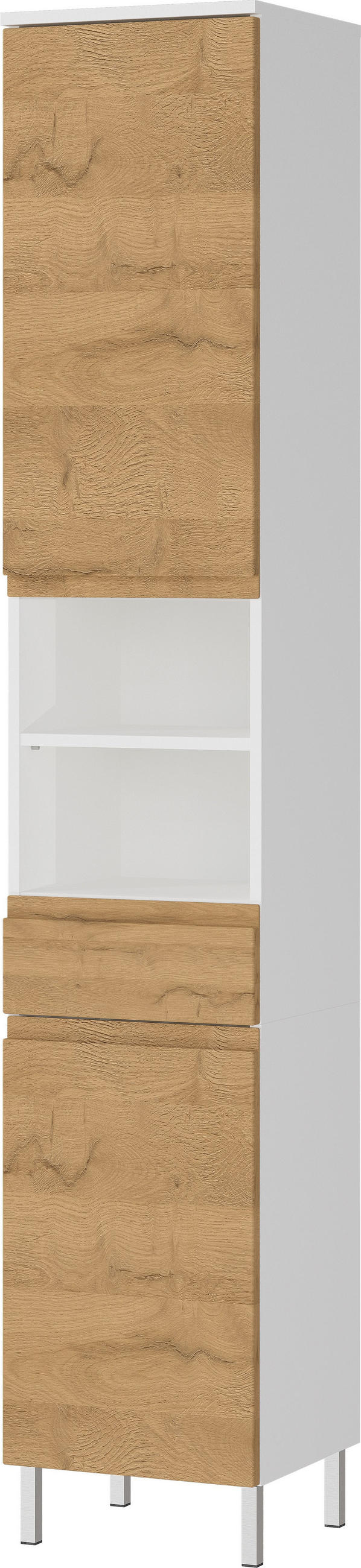 HOCHSCHRANK Weiß und Eiche Grandson 34x190x34cm mit Schublade, verstellbaren Fächern und Chromfüßen VEER - Weiß, Holz/Metall (34/190/34cm) - KADIMA DESIGN