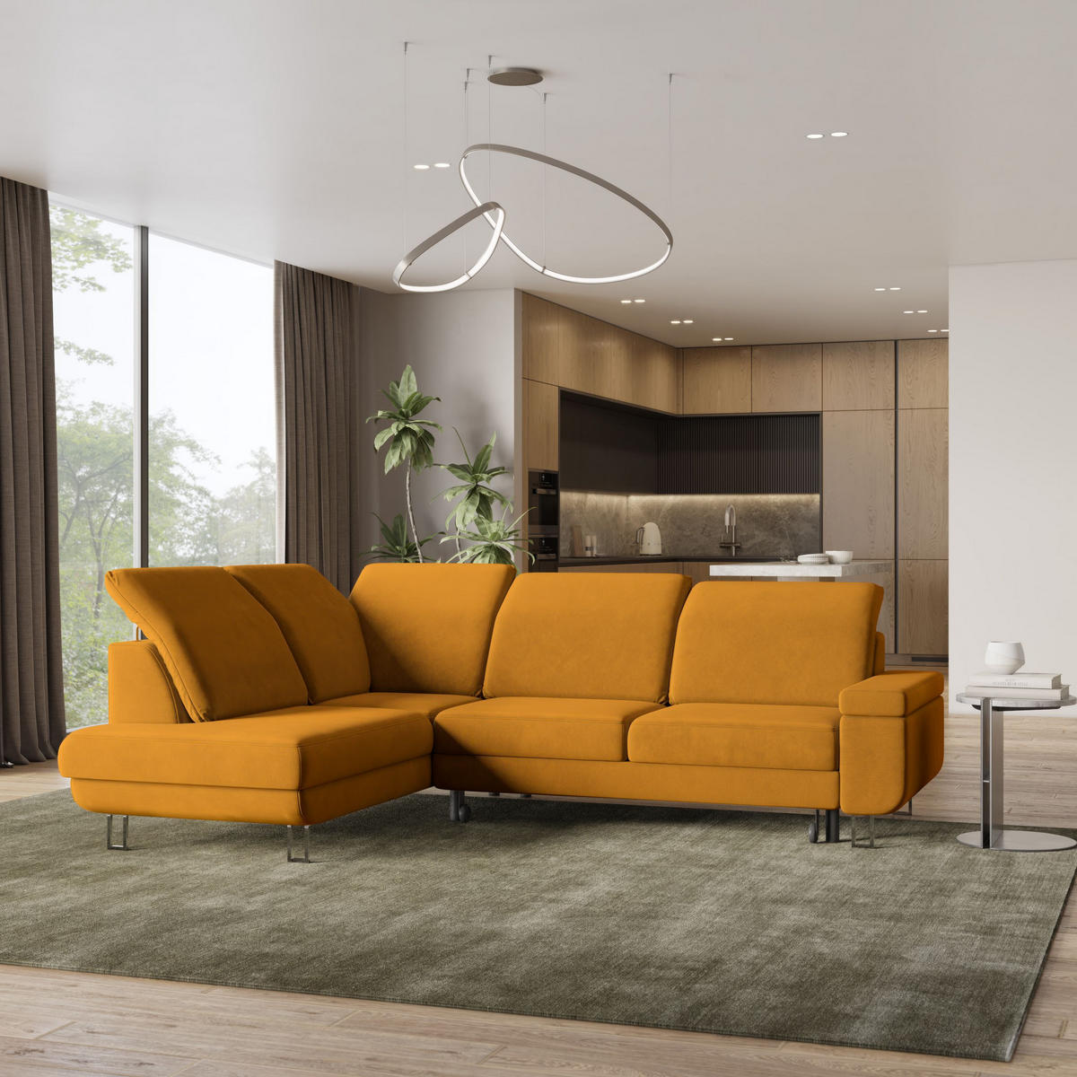 ECKSOFA LERMA L-S Gelb Velours-Stoff mit Schlaffunktion - Gelb, Holz (253/190cm) - MASSENO