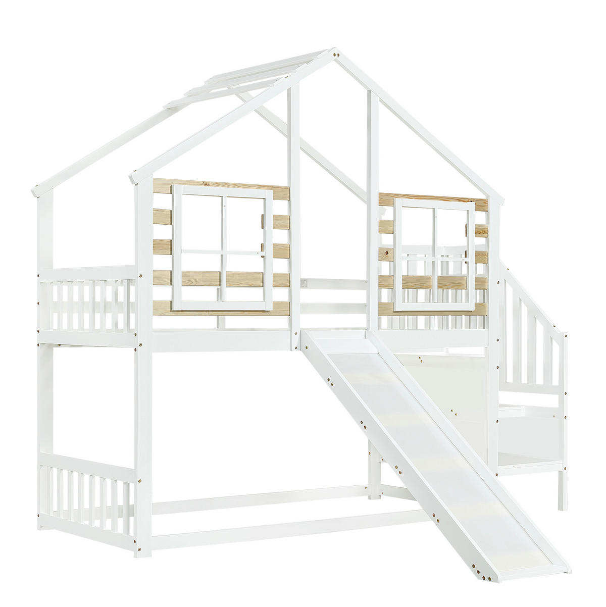 ETAGENBETT mit Treppe, Gitter, Rutsche und Fenster 90/200 cm, Weiß/Natur - Weiß, Holz (90/200cm) - MIVRAY