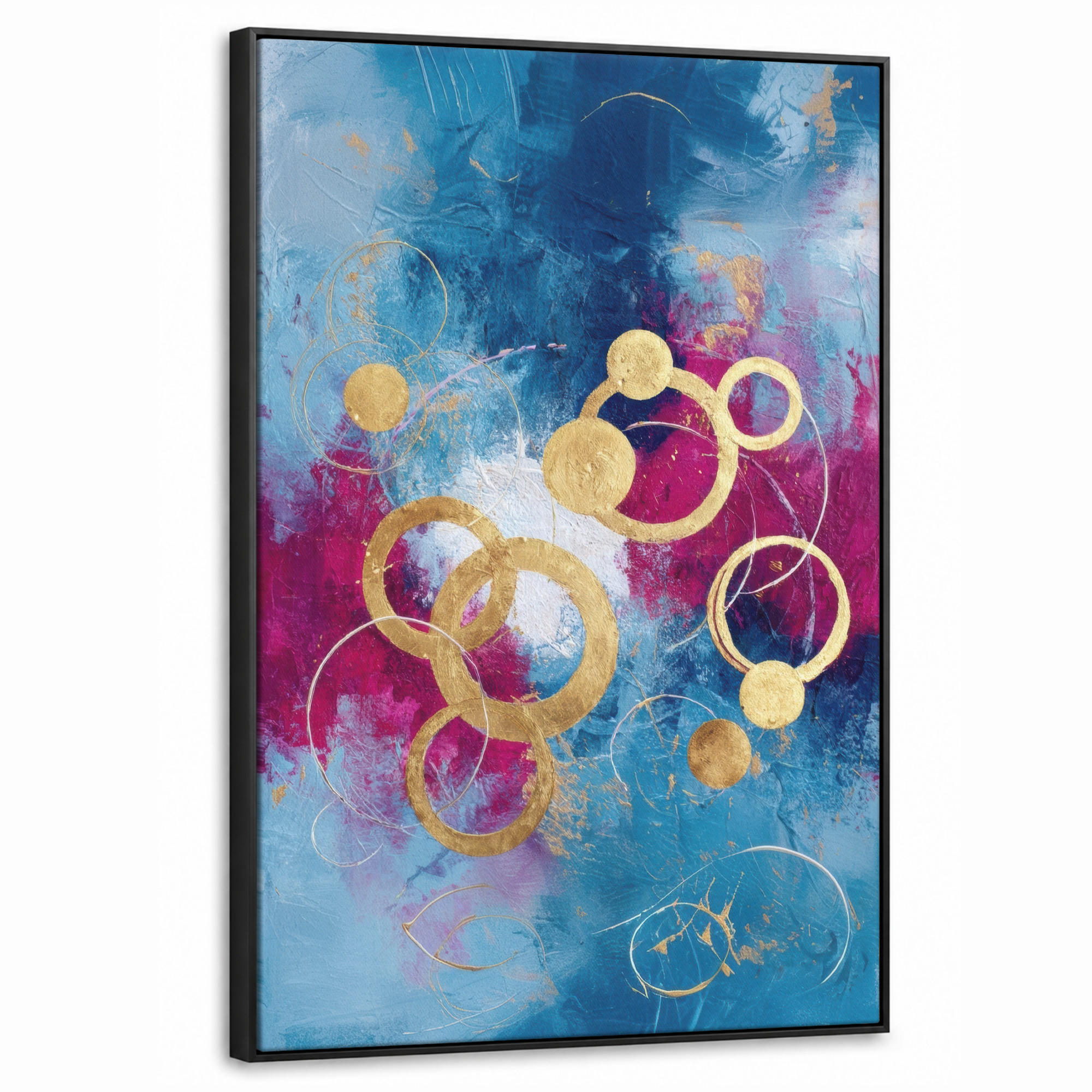 LEINWAND Bilder mit Rahmen - Kreise - Gold - Abstrakt - 60x90 - Blau, Textil (60/90cm) - MuchoWow