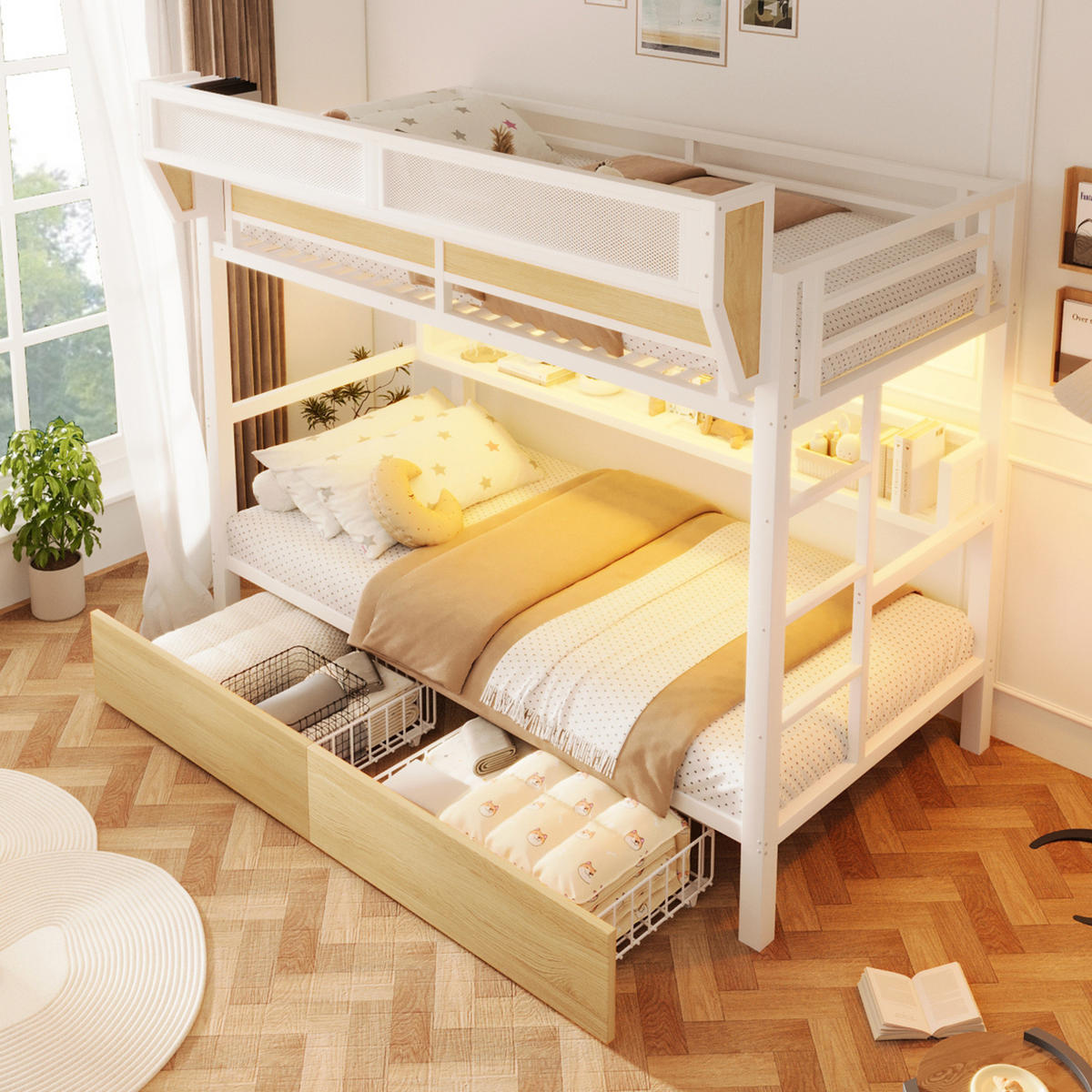 HOCHBETT aus Metall und MDF 90x200 cm Weiß mit 2 Schubladen, Regal, Aufbewahrungskorb und LED-Licht - Weiß, Holzwerkstoff (90/200cm) - Modfu