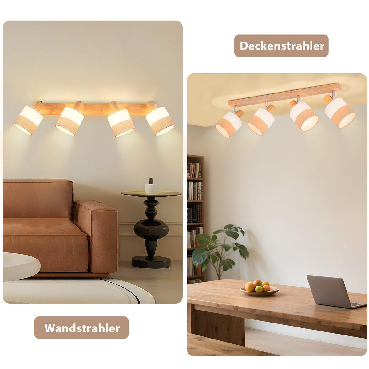 DECKENSTRAHLER Leniq 16/13/68 cm - Beige, Holz (68/16/13cm) - ZMH