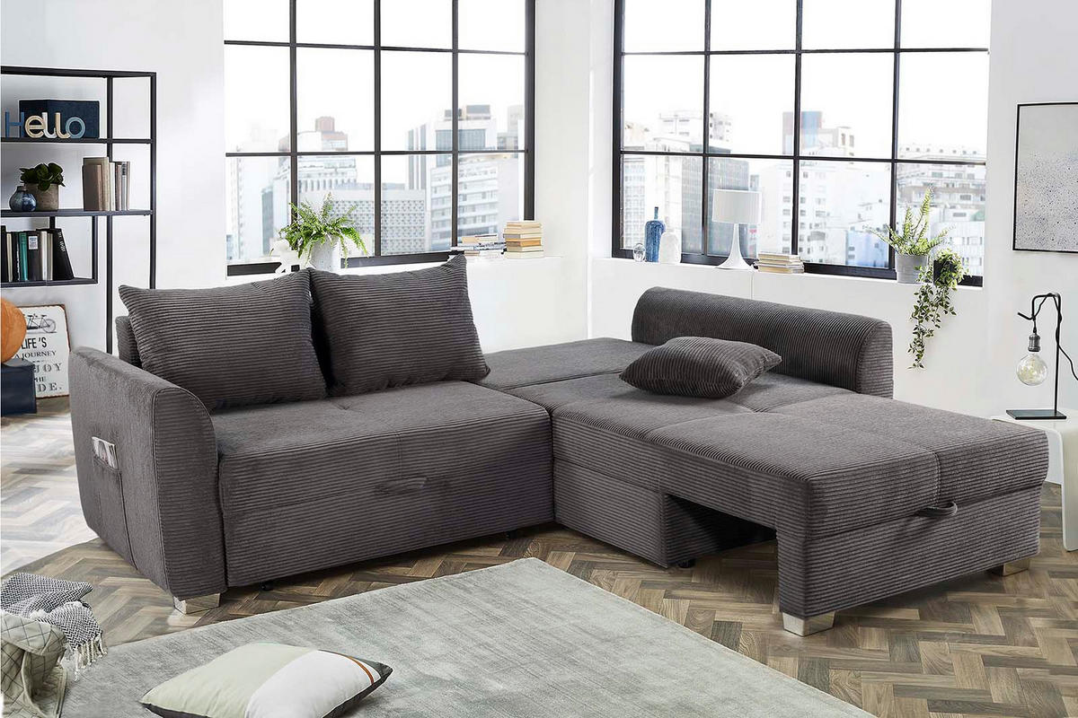 ECKSOFA mit Schlaffunktion und Bettkasten, seitenverkehrt montierbar B236/T160/H81 cm, Liegefl. 142x202 cm, Cord Grau Anthrazit / 15202 - Chromfarben/Schieferfarben, Kunststoff/Textil (236/160cm) - luma-home