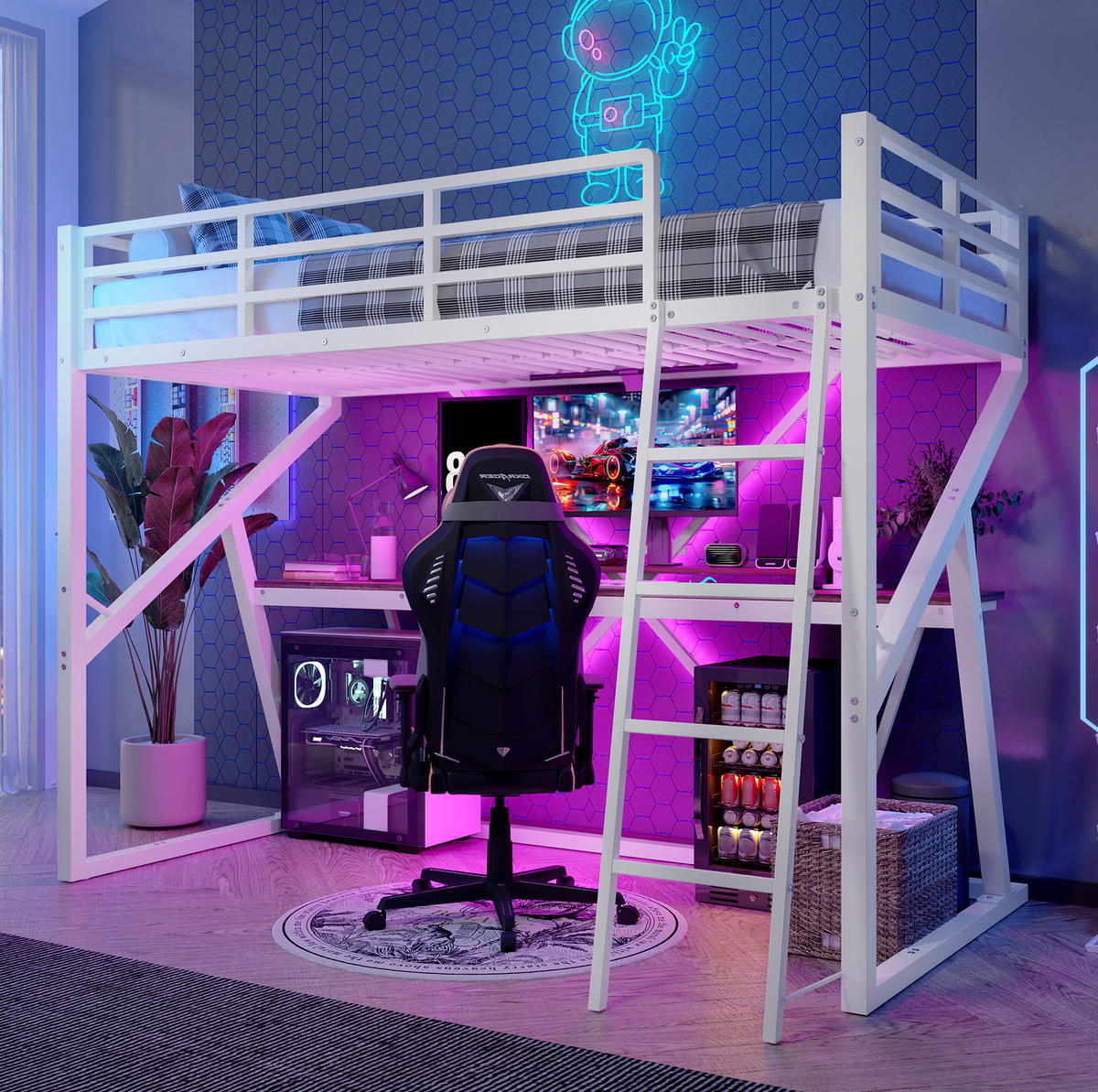 HOCHBETT 90/200 cm mit LED und Schreibtisch ohne Matratze - Weiß, Metall (90/200cm) - MIVRAY
