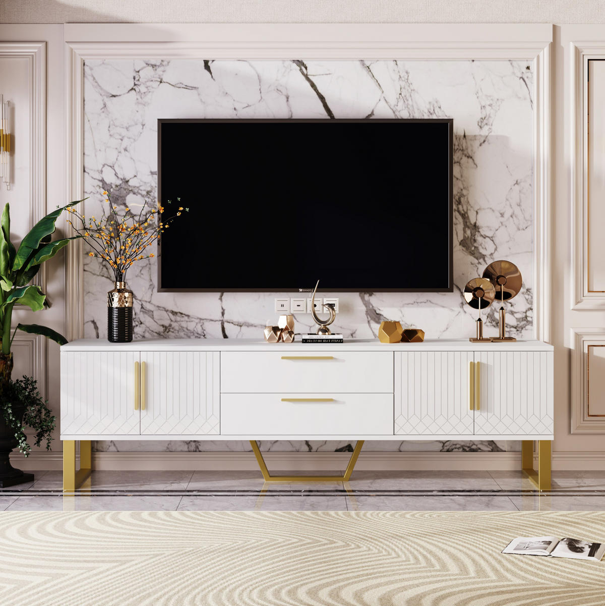 TV-SCHRANK in Hochglanz Weiß mit goldfarbenen Füßen und Griffen 170/40/53.5 cm - Weiß, Holzwerkstoff (170/53/40cm) - Redom