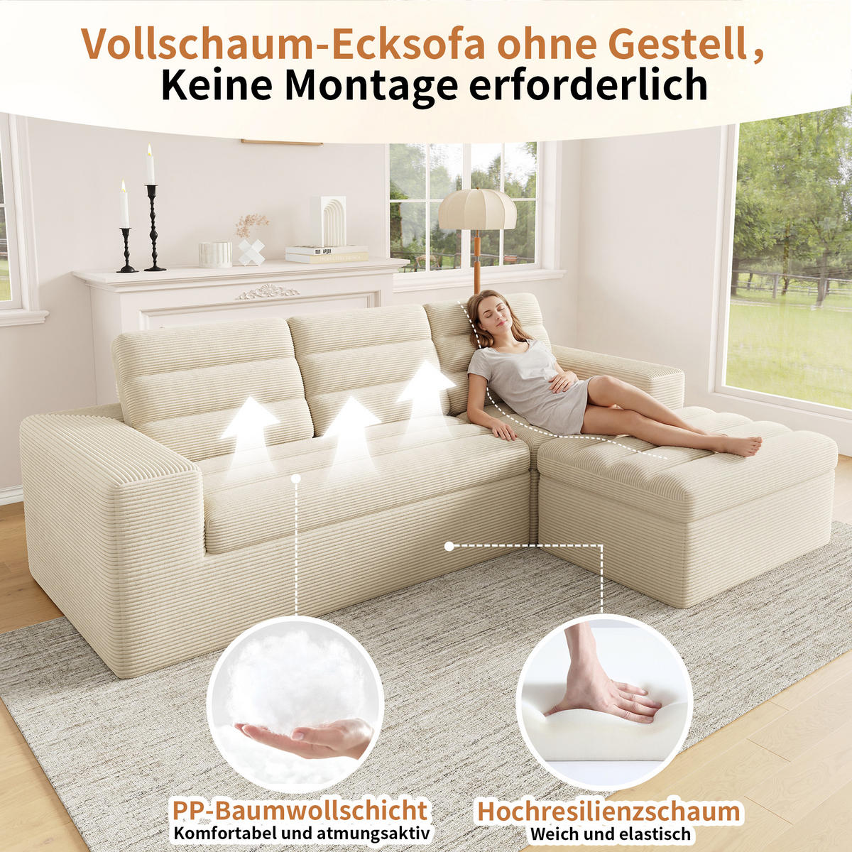 ECKSOFA 253/161/89 cm Beige mit 1 Fußhocker - Beige, Textil (253/161cm) - Oxeza