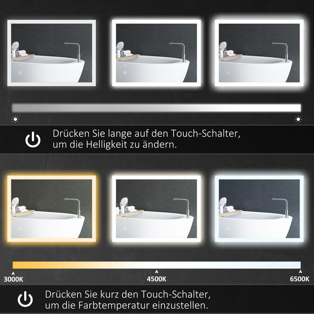 BADSPIEGEL, Badezimmerspiegel mit LED-Beleuchtung, Memory-Funktion, 70 x 50 cm - Silberfarben, Glas (50/3/70cm) - Kleankin