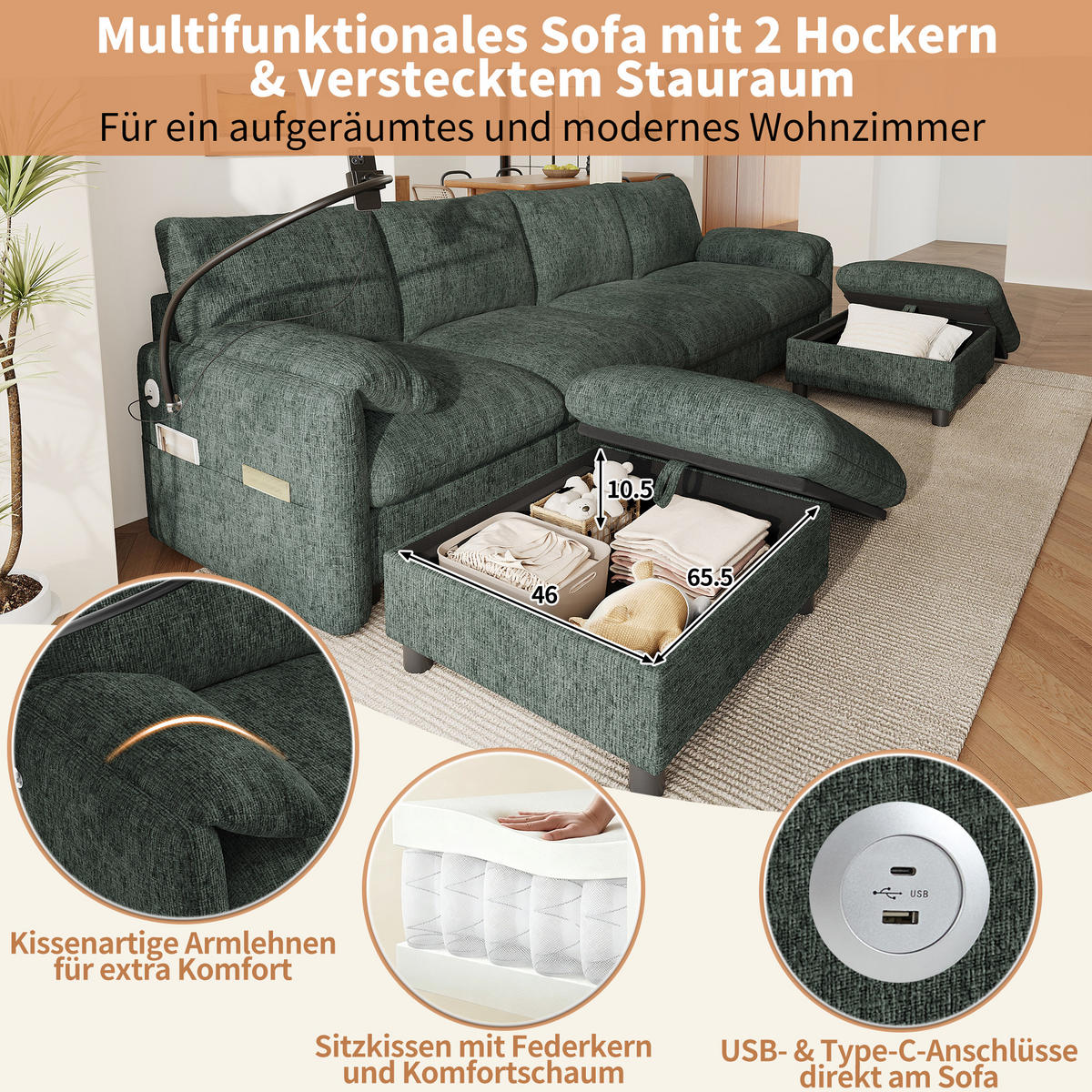 SCHLAFSOFA mit 6 Sitzen aus Chenille mit USB/Type-C, Handyhalter und Stauraum-Hockern - Grün, Textil (273.5/81/133cm) - EVRYAE