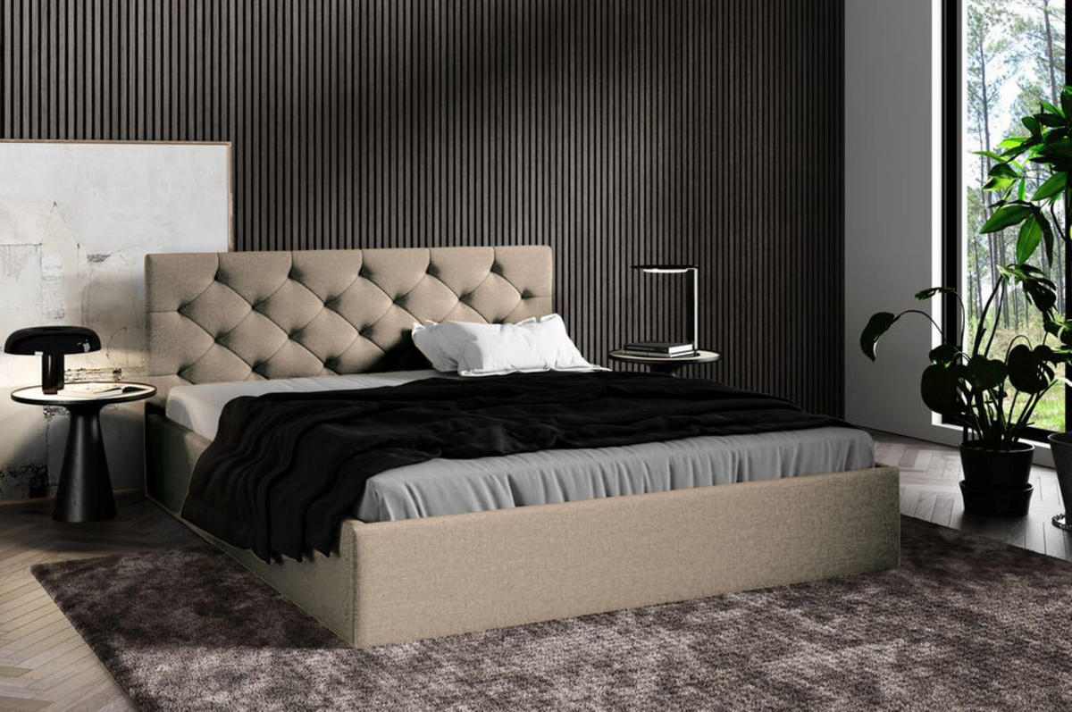 POLSTERBETT Sara Beige 160x200 cm, mit Bettkasten und gestepptem Kopfteil - Beige, Holzwerkstoff/Textil (160/200cm) - Bettso