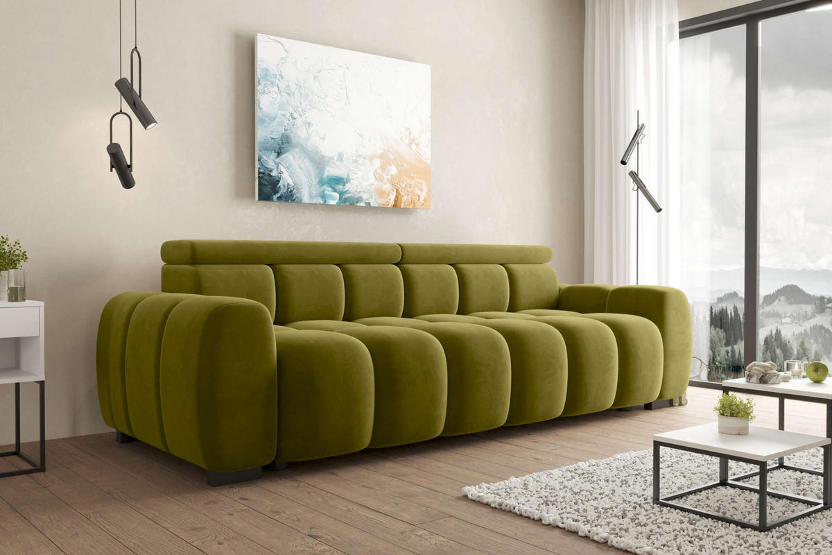 BIGSOFA ALESSIO Velours Olivgrün mit elektrischer Sitztiefenverstellung - Olivgrün, Kunststoff/Textil (248/77/108cm) - 99rooms
