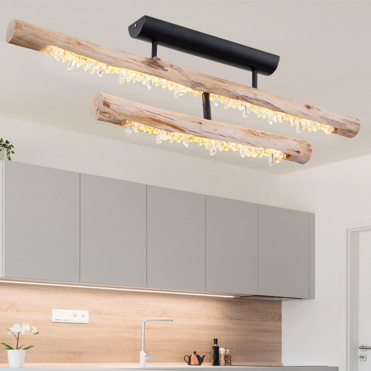 LED DECKENLEUCHTE Felicitas Schwarz Kristalloptik - Schwarz, Holz (100/8/30cm) - Globo Lighting