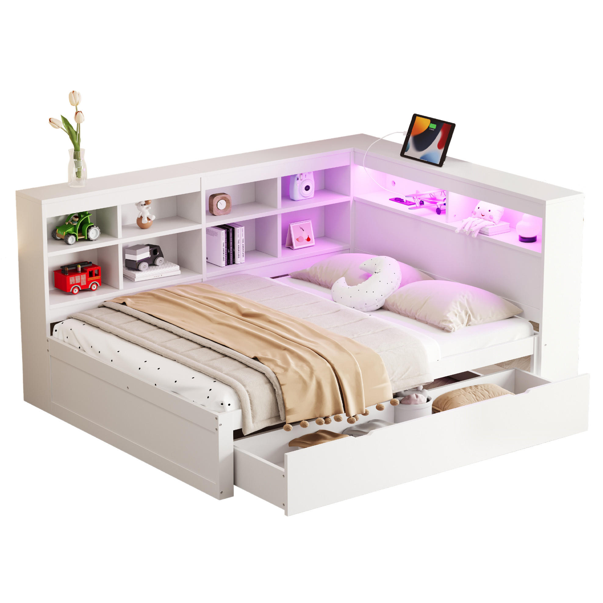 Modfu DŘEVĚNÁ postel 140x200 cm bílá z masivního dřeva s USB portem, LED osvětlením a úložným prostorem