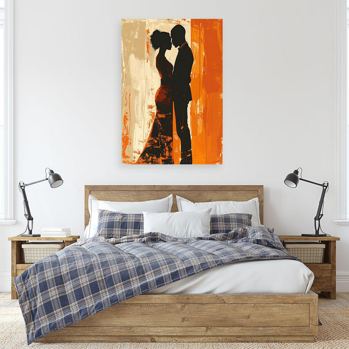 WANDBILD, Ein verliebtes Paar in einer warmen orangefarbenen Umgebung - Orange, Textil (80/120cm) - Feeby