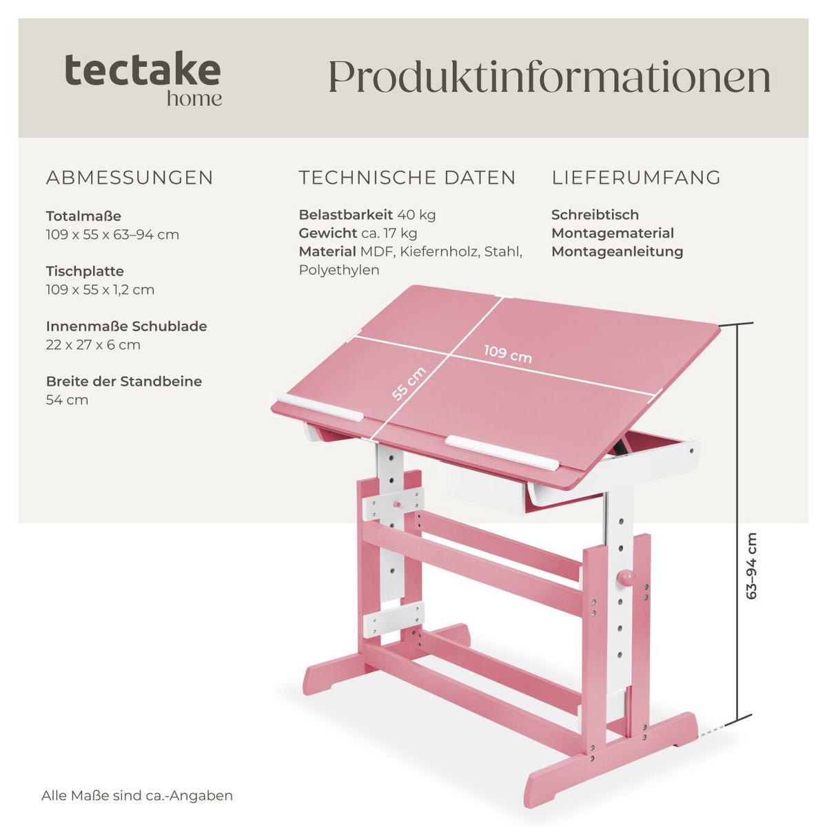 SCHREIBTISCH ,109 x 55 x 94 cm,pink - Pink, Holz (109/55/94cm) - tectake