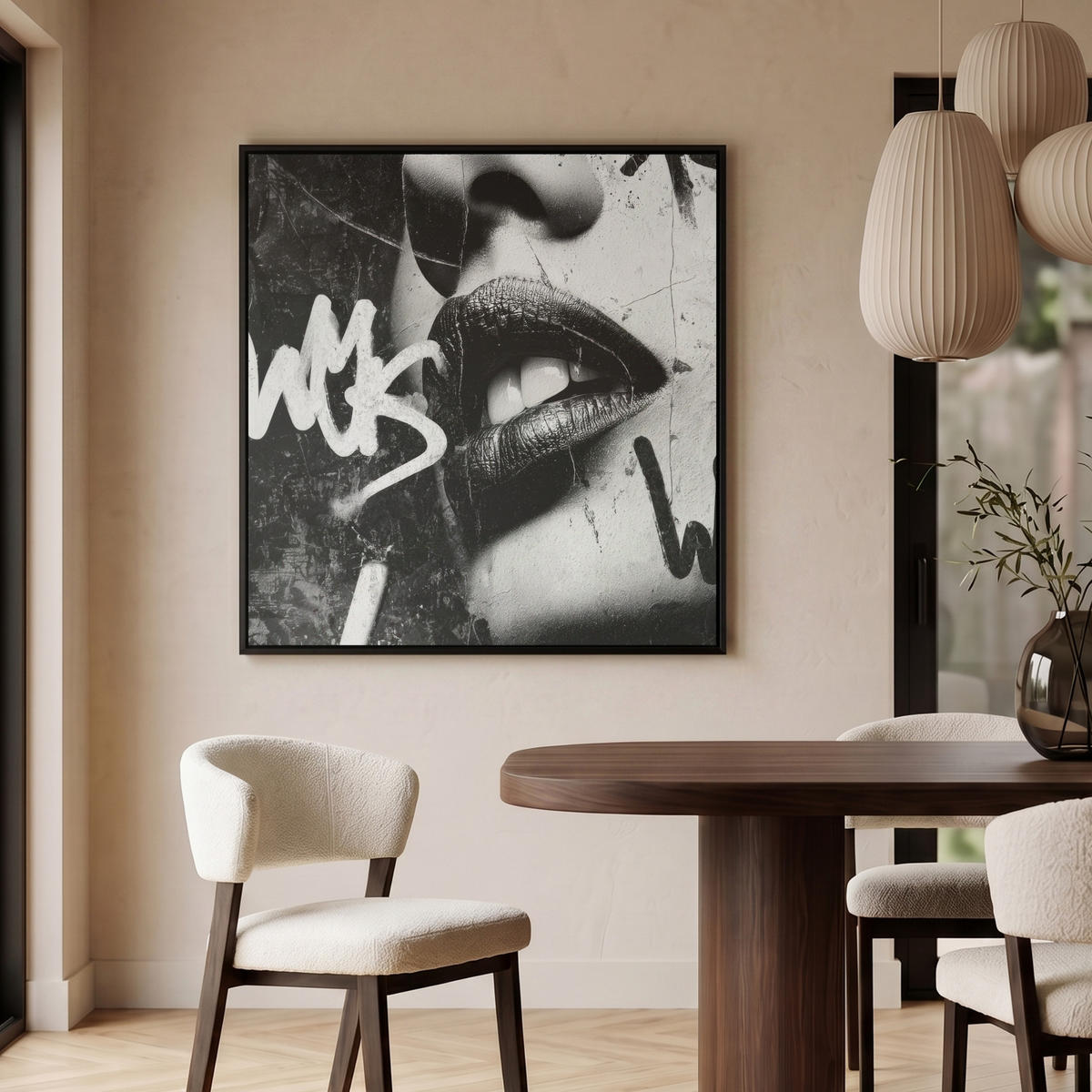 LEINWAND Bilder mit Rahmen - Gesicht - Mund - Graffiti - Schwarz - 90x90 - Schwarz, Textil (90/90cm) - MuchoWow