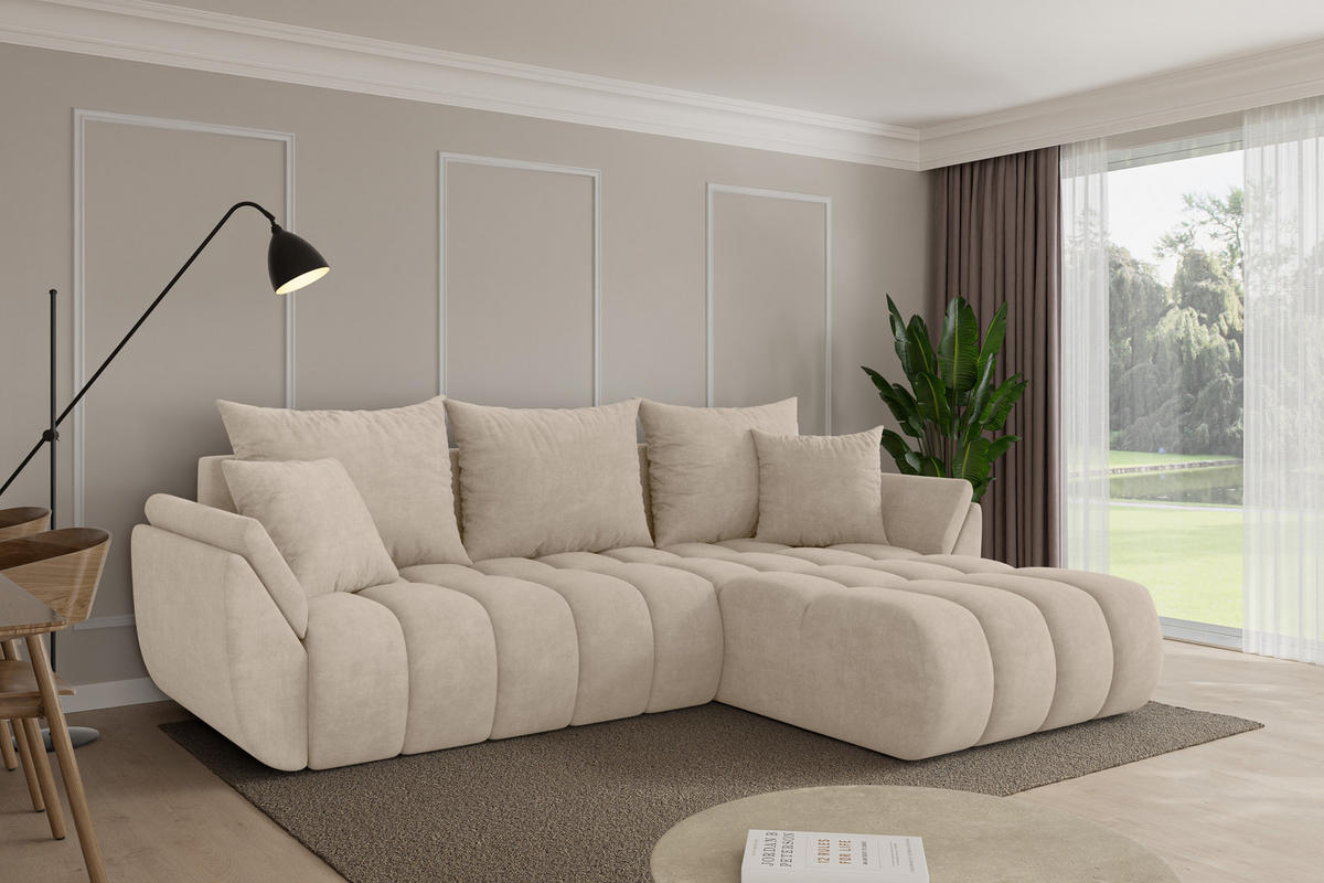 ROHOVÁ SEDAČKA s funkcí spaní, otoman vpravo TOKO-L-v1 277x194x86 béžová velur - černá/Sahara, kompozitní dřevo/textil (277/194cm) - ALTDECOR