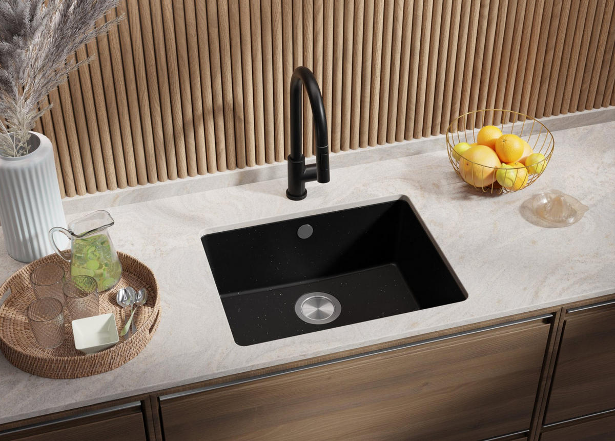 UNTERBAUSPÜLE GRANIT Venedig Easy, 2-er set Schwarz Metallic 56/44 cm 1 Becken + Ablauf-Set ab 60er Unterschrank - Chromfarben/Schwarz Hochglanz, Kunststoff (56/20/44cm) - Primagran