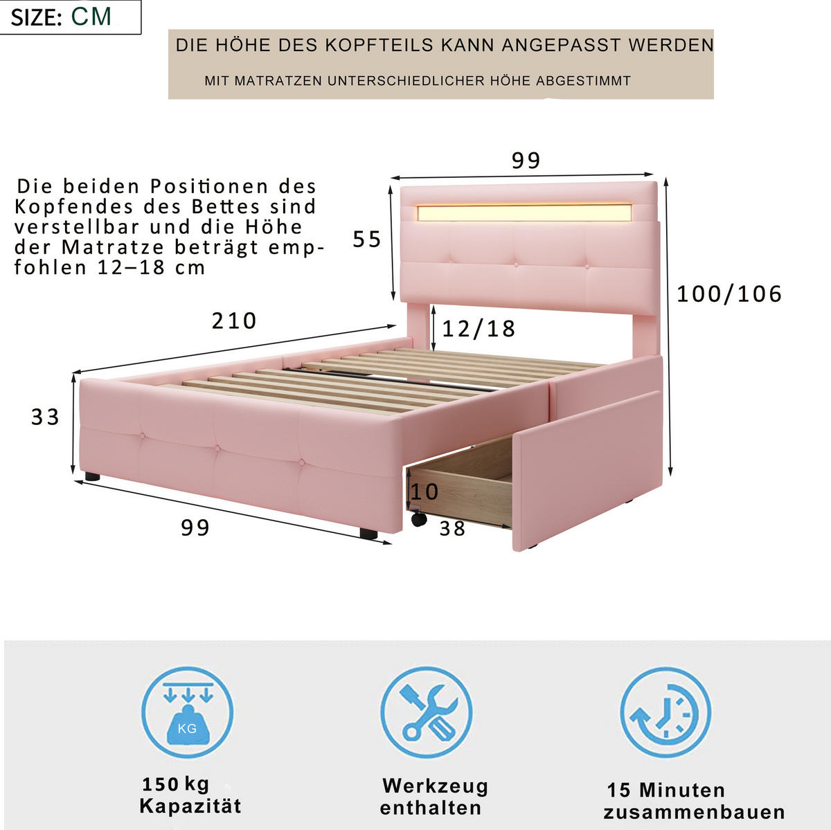 POLSTERBETT 90/200 cm mit LED-Beleuchtung, 2 Schubladen und höhenverstellbarem Kopfteil, Rosa - Rosa, Textil (90/200cm) - Redom