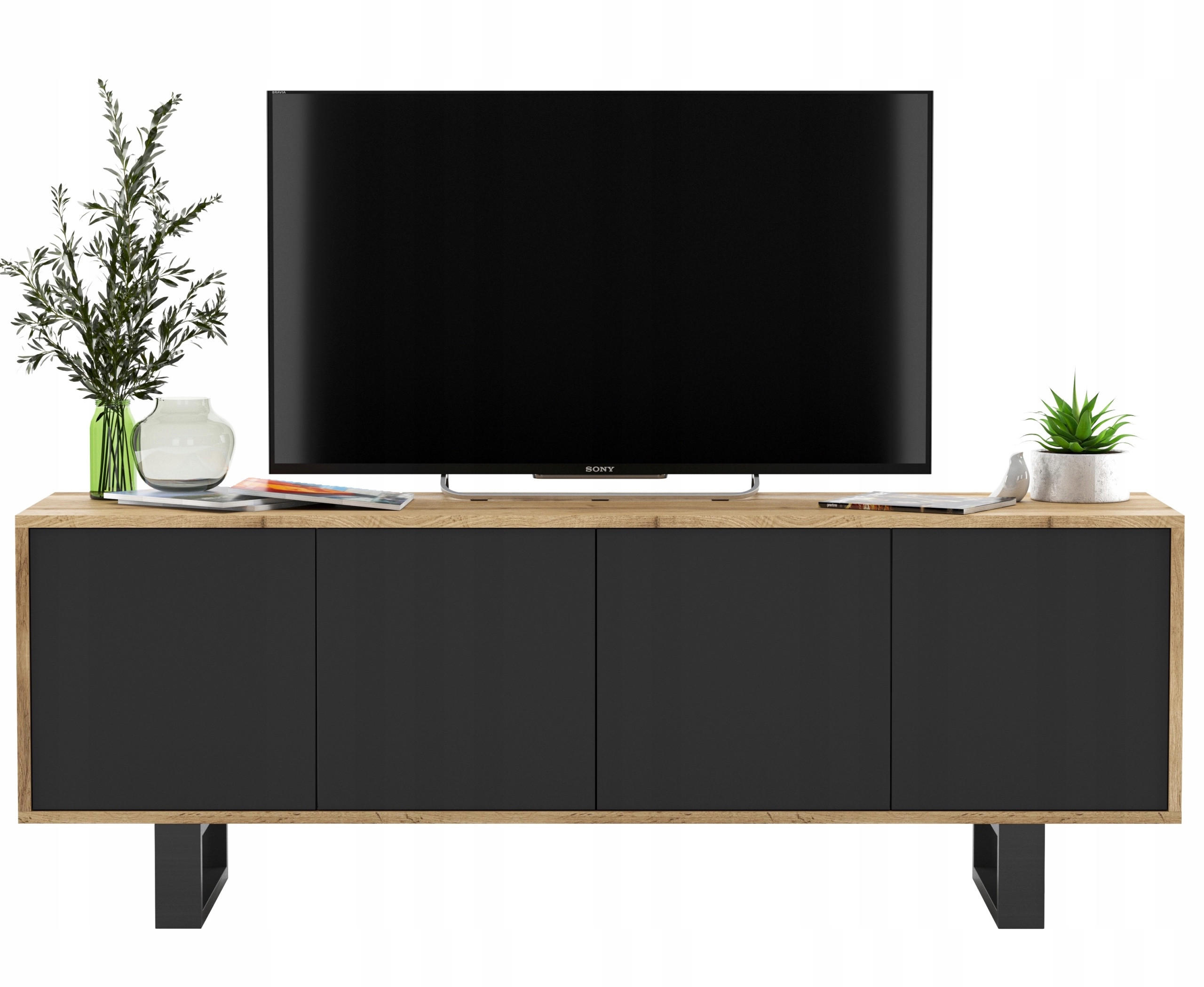 Meble Lindner TV stolek Apollo2 dub Wotan / černá matná 150 cm s kovovými nohami