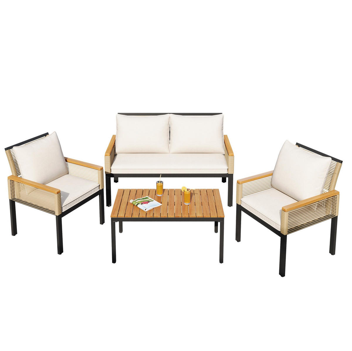 GARTENLOUNGE-SET mit 2 Sesseln, Doppelsofa und Tisch aus Polyrattan mit Akazienholz, Beige - Beige, Metall - Redom