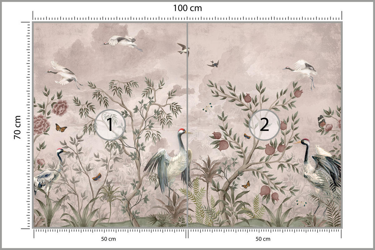 FOTOTAPETE für Schlafzimmer Kraniche Bäume Tropische Blumen Büsche 100x70 - Beige/Rot, Papier (100/70cm) - Muralo