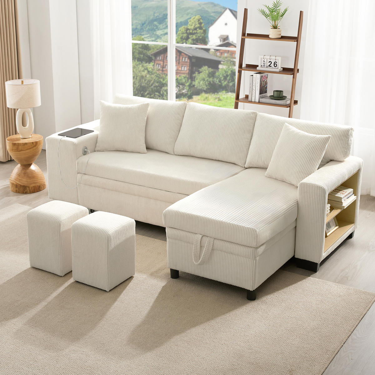 ECKSCHLAFSOFA Cord mit Stauraum und USB-Anschluss Beige 231/131,5/84 cm - Beige, Textil (84/131.5cm) - Redom