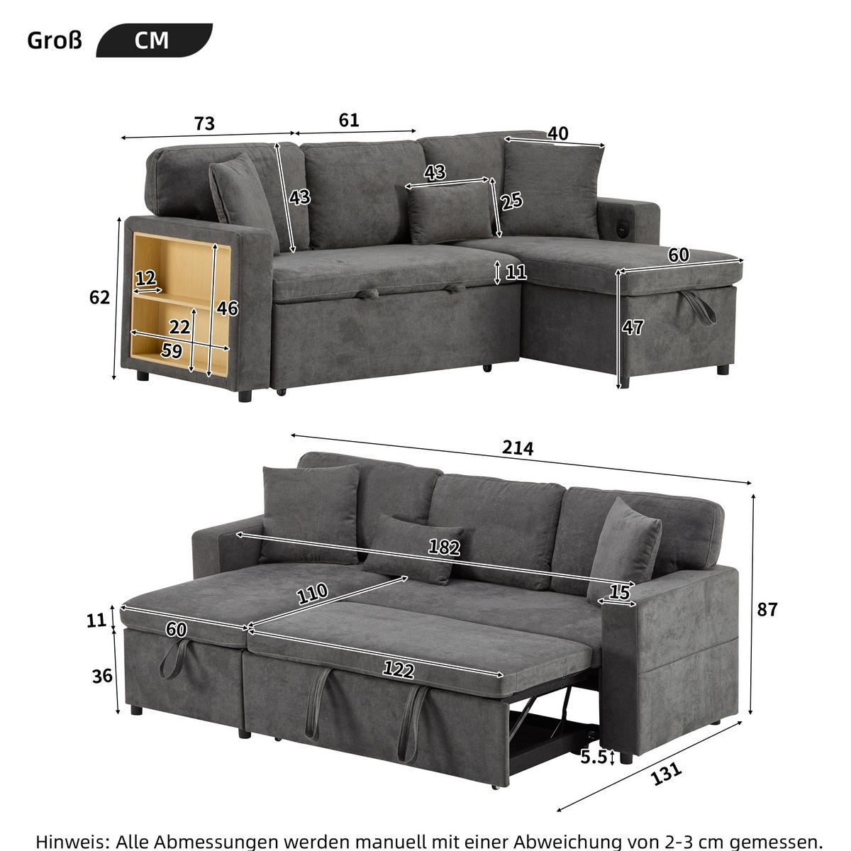 ECKECKSCHLAFSOFA Oxford-Stoff mit USB-Anschluss und Stauraum Dunkelgrau 214/131/87 cm - Dunkelgrau, Textil (87/131cm) - Redom