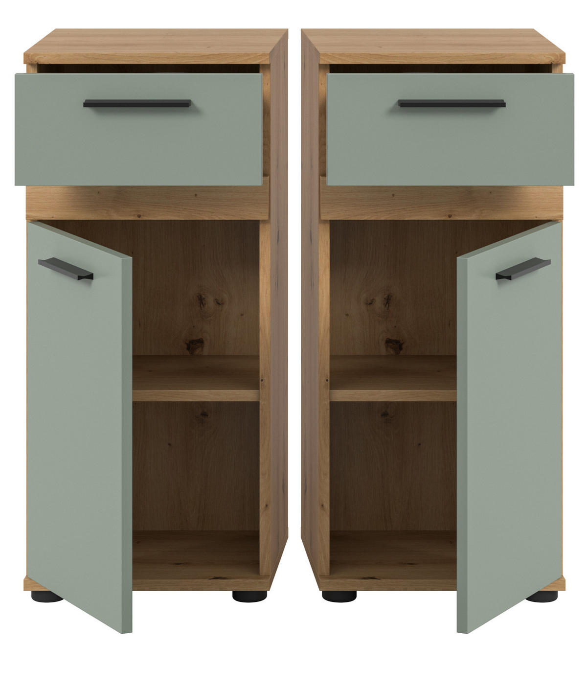 KOMMODE Salbei grün, Eiche Artisan 35 x 79 cm, Badschrank in modernem Design - Salbeigrün/Schwarz, Holzwerkstoff/Kunststoff (35/79/31cm) - Inn.Furn