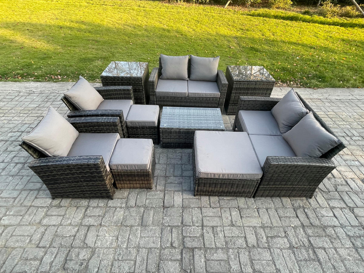 GARTENSOFA Hohe Rückenlehne Polyrattan Dunkelgrau 9-Sitzer - Dunkelgrau, Metall - Fimous