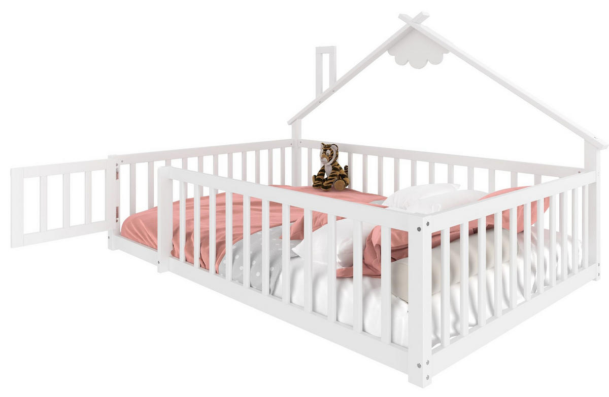 FLACHBETT 140/190 cm Kinderbett mit Geländer aus Kiefernholz in Weiß - Weiß, Holz (140/190cm) - OKWISH