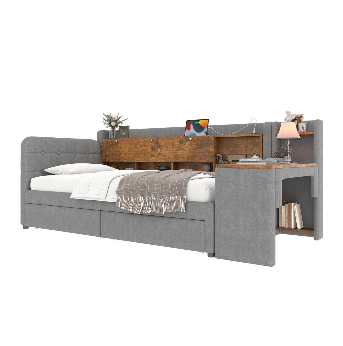 POLSTERBETT aus Leinen & MDF 90x200 cm in Grau mit Schreibtisch & 2 Schubladen - Grau, Textil (90/200cm) - Modfu