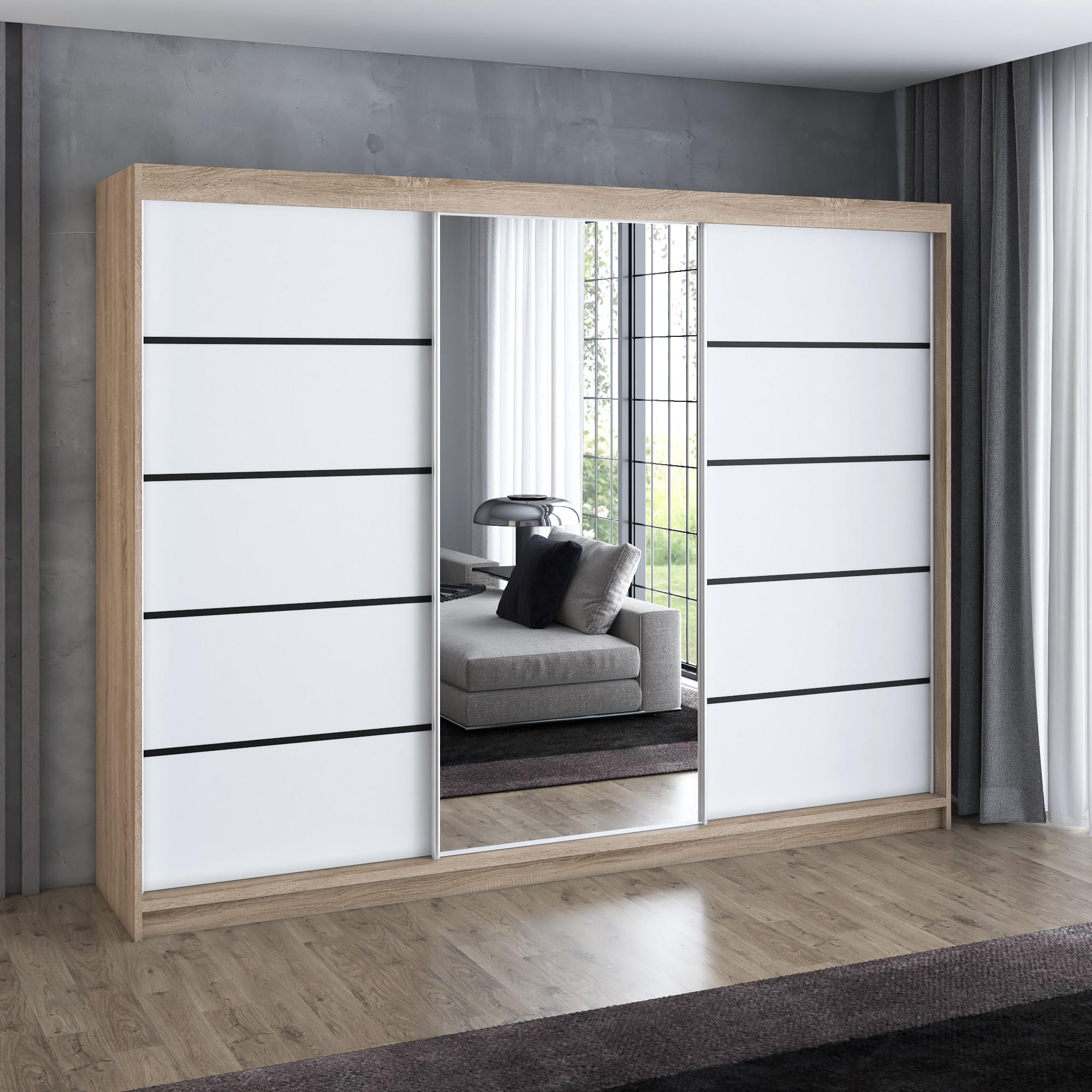 SCHWEBETÜRENSCHRANK 200 cm VILANO 2 Farbe: Sonoma, Weiß - Braun/Weiß, Holzwerkstoff (200/215/59.5cm) - A&J MöbelLand